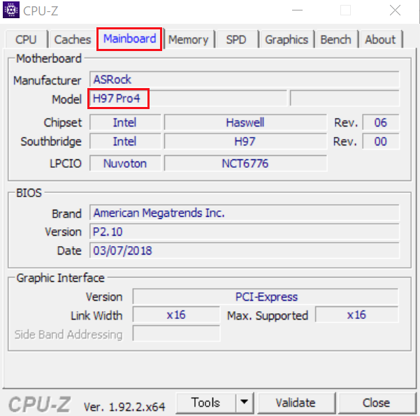 「CPUID CPU-Z」というソフトを使うことでこのようにマザーボードの型番を確認する方法もあります。