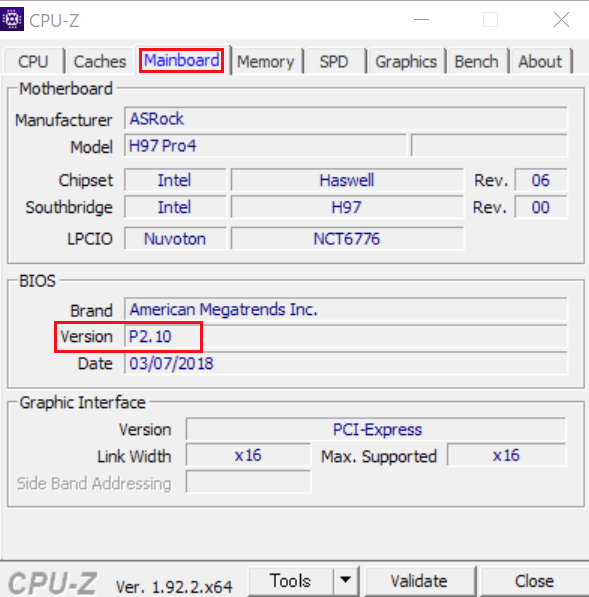 「CPUID CPU-Z」というフリーソフトを使うことでこのようにマザーボードのBIOSのバージョンを確認する方法もあります。