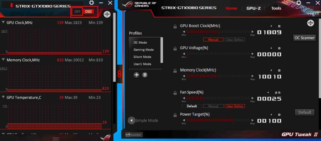 「GPU Tweak II」のOSD表示機能をオフにするには、「GPU Tweak II」にある「OFF」をクリックします。