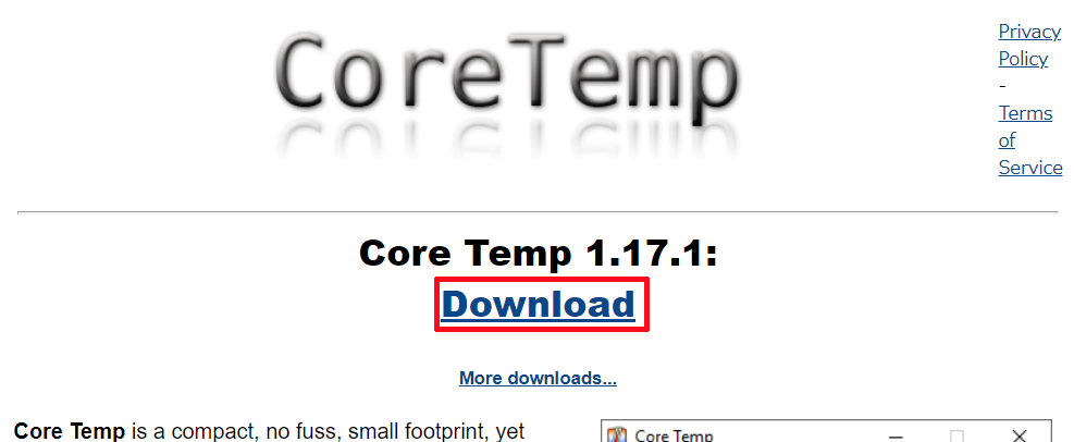 ①「Core Temp」の公式サイトのページ内にある「Download」をクリックして、「Core Temp」のインストールファイルをダウンロードします。
