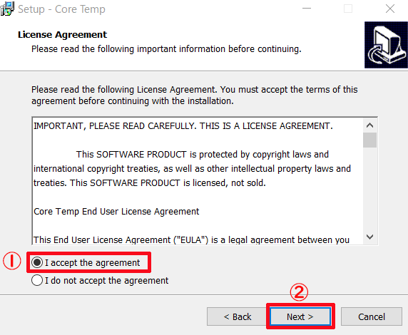 ②-③「I accept the agreement」にチェックを入れてNextをクリックする