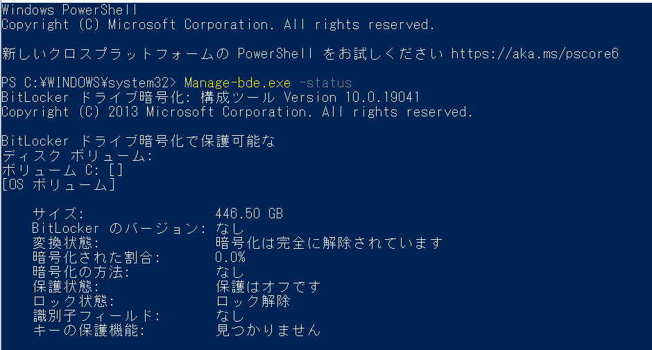 Windows PowerShellでコマンドを実行することでドライブのBitLockerの暗号化状態を確認することができる