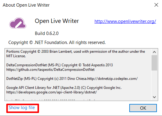 「About Open Live Writer」内にある「Show log file」クリックする