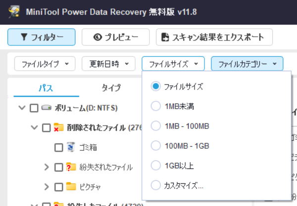 MiniTool Power Data Recoveryはスキャンしたファイルに様々なフィルターを掛けることができるようになっている
