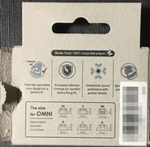 SpinFit OMNIのパッケージの裏面には外径などのサイズの表記がされている