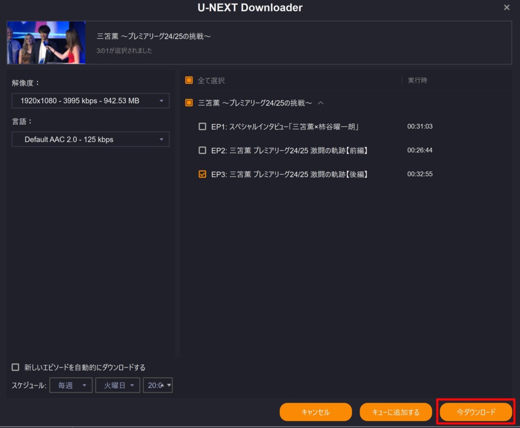 ④ダウンロードしたい動画の選択、解像度、言語、字幕などを設定し、「今ダウンロード」をクリックする(StreamGaGa)